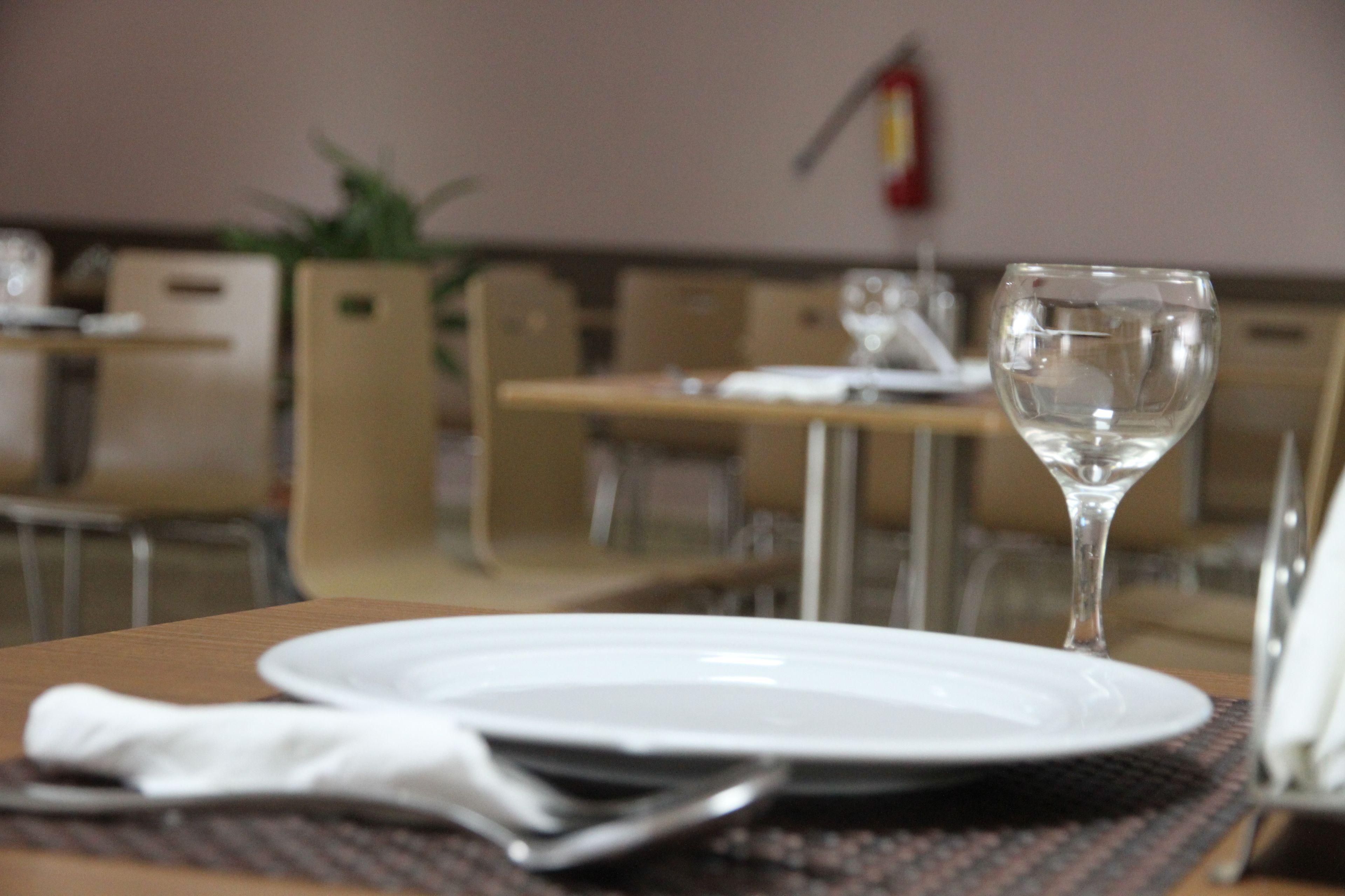 Una mesa de comedor con un plato blanco, una servilleta doblada y una copa de vino transparente.