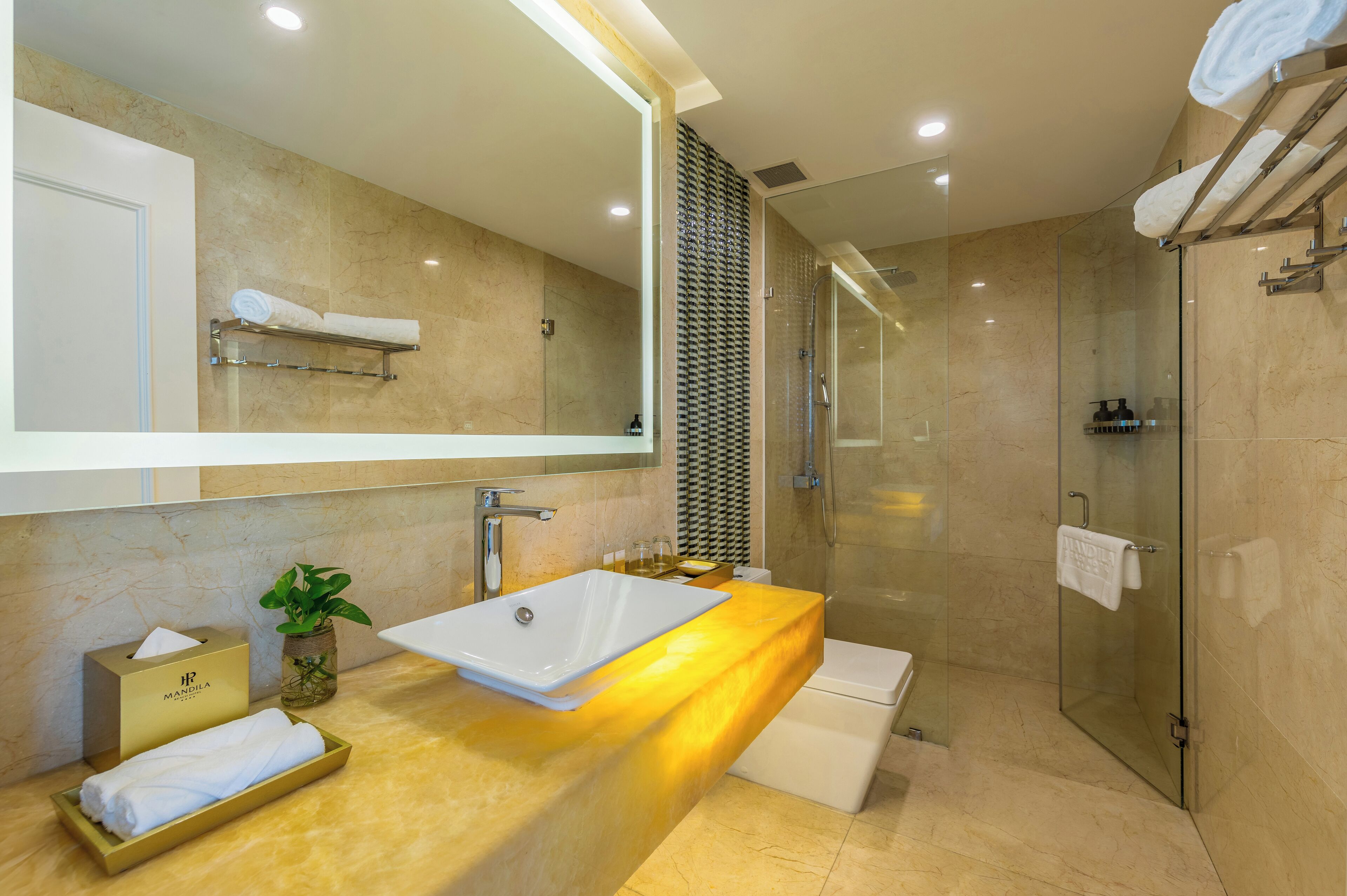 A modern bathroom with a glass-enclosed shower, a white sink, and a large mirror.