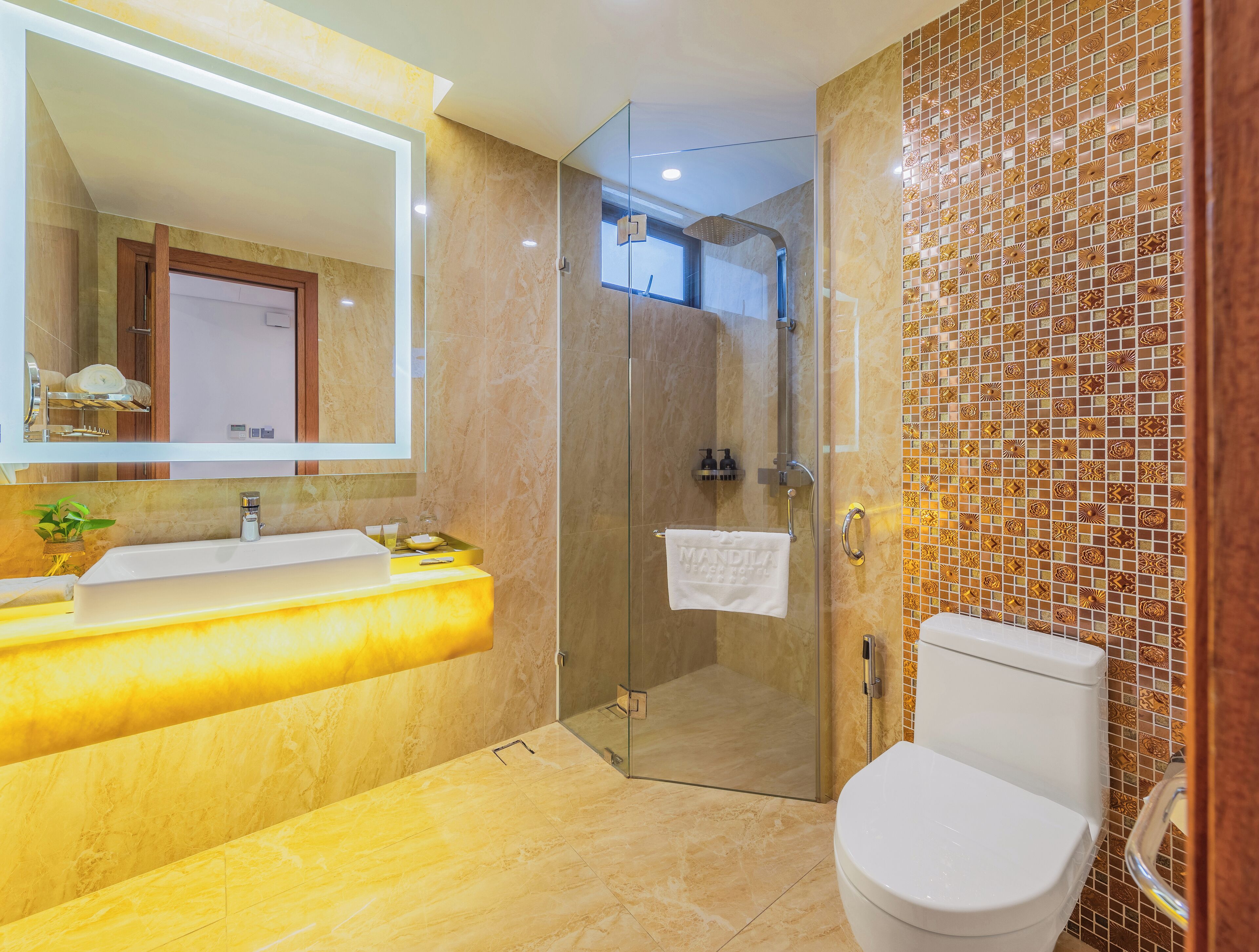 A modern bathroom with a glass-enclosed shower, a white sink, and a toilet.