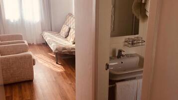 A room with a bed, a sofa, a bathroom with a sink and mirror, and a window with curtains.