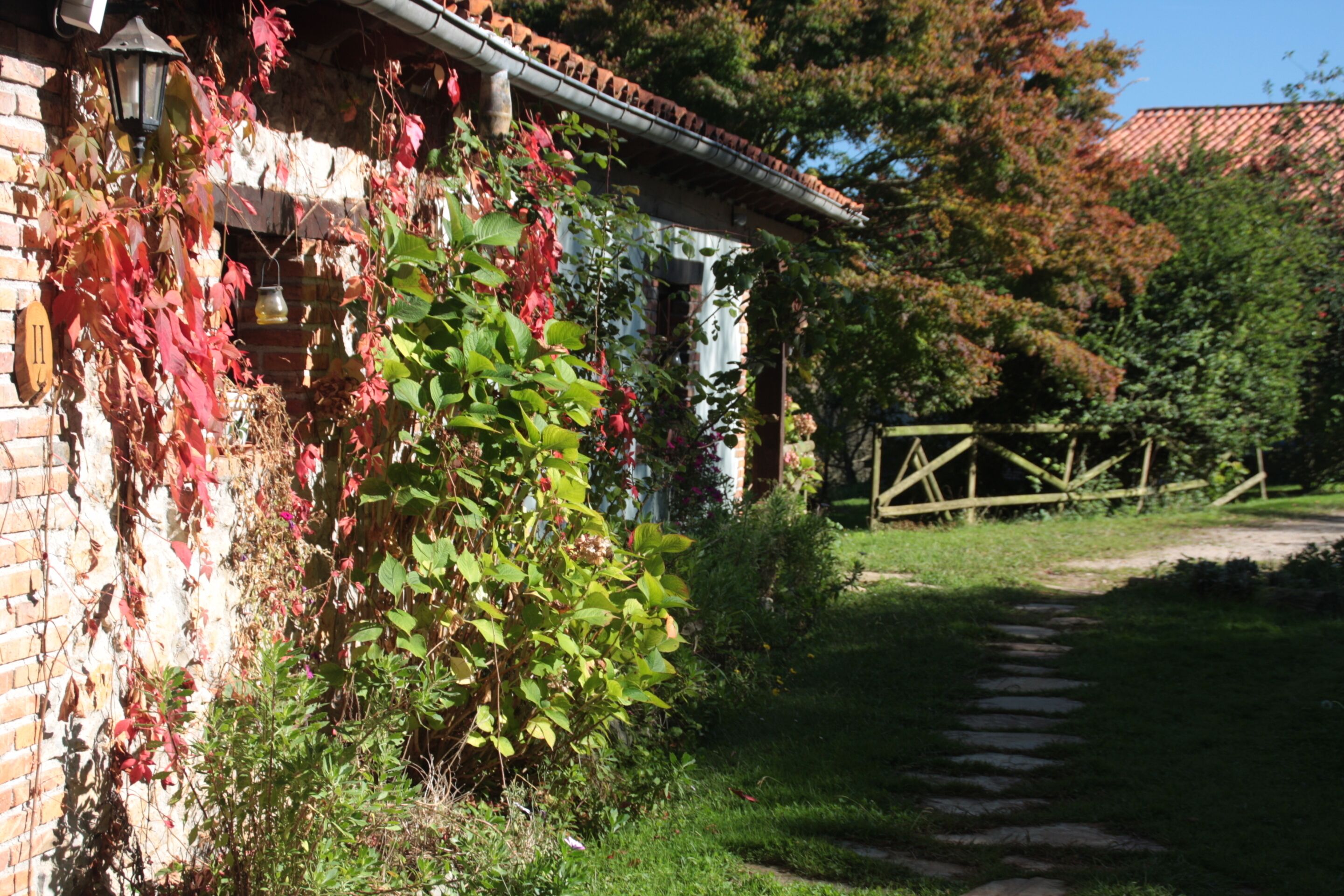 A brick building with ivy and a wooden fence.