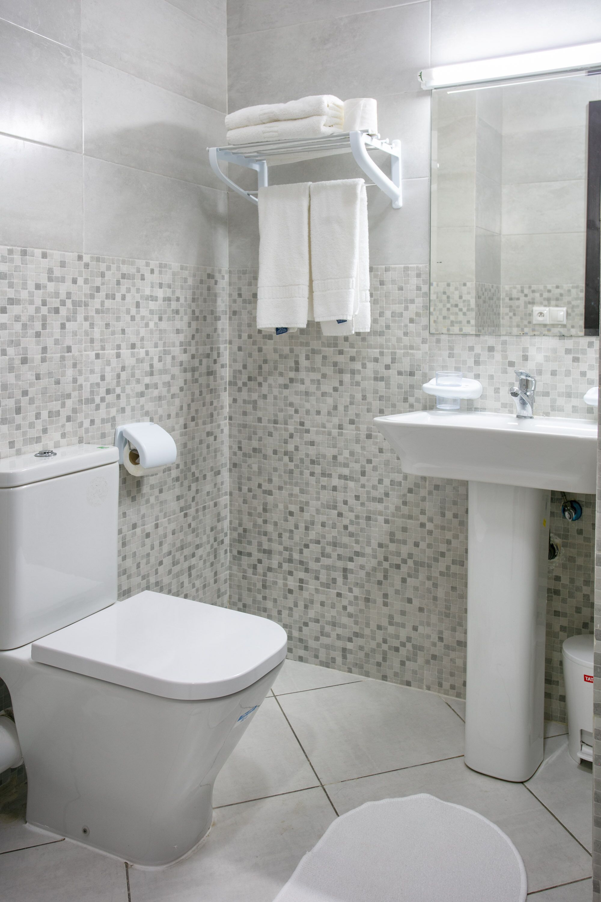 Un baño con inodoro, lavabo y perchero para toallas.