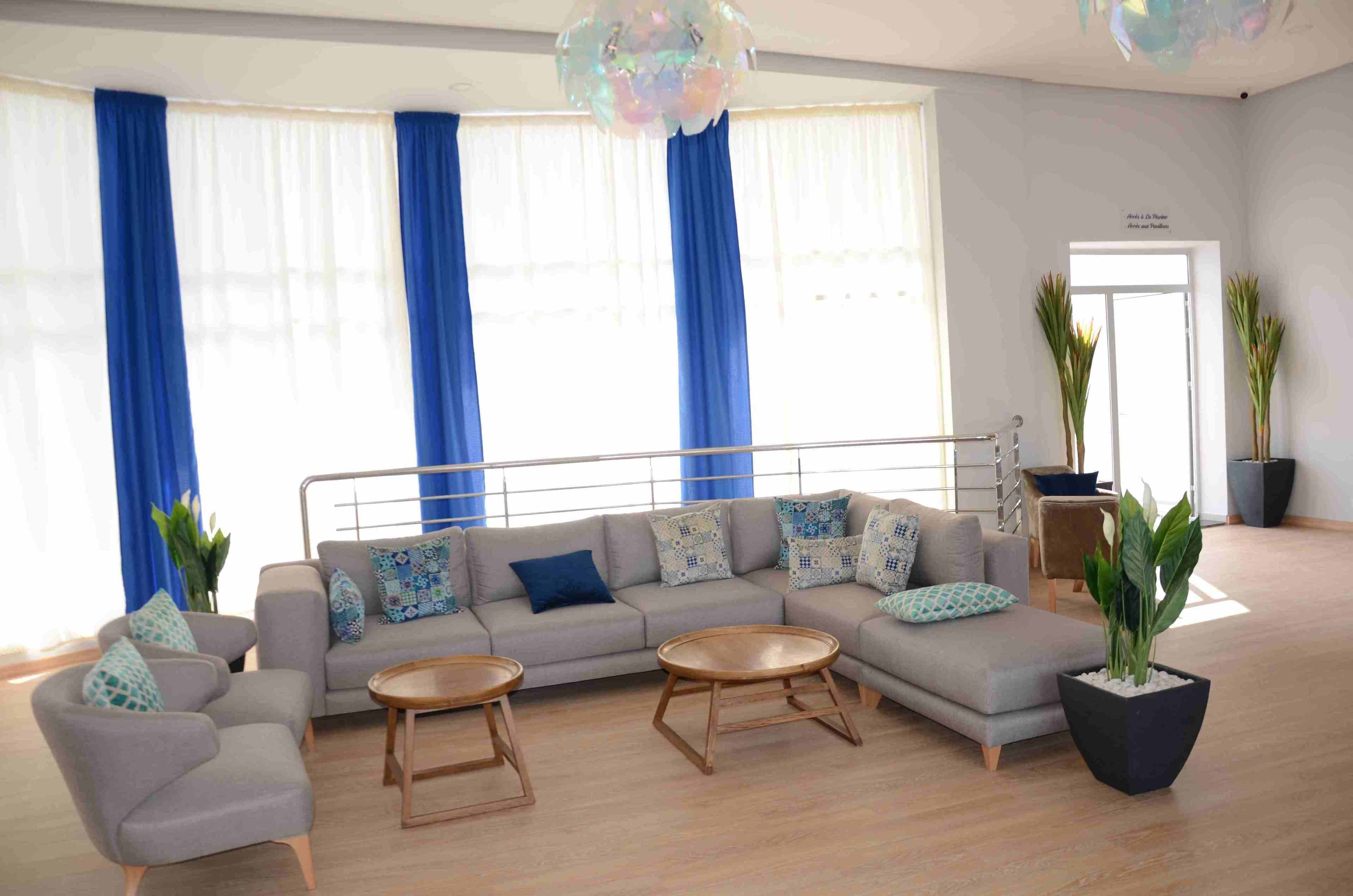 A modern living room with a grey sofa, two wooden side tables, and a large potted plant.