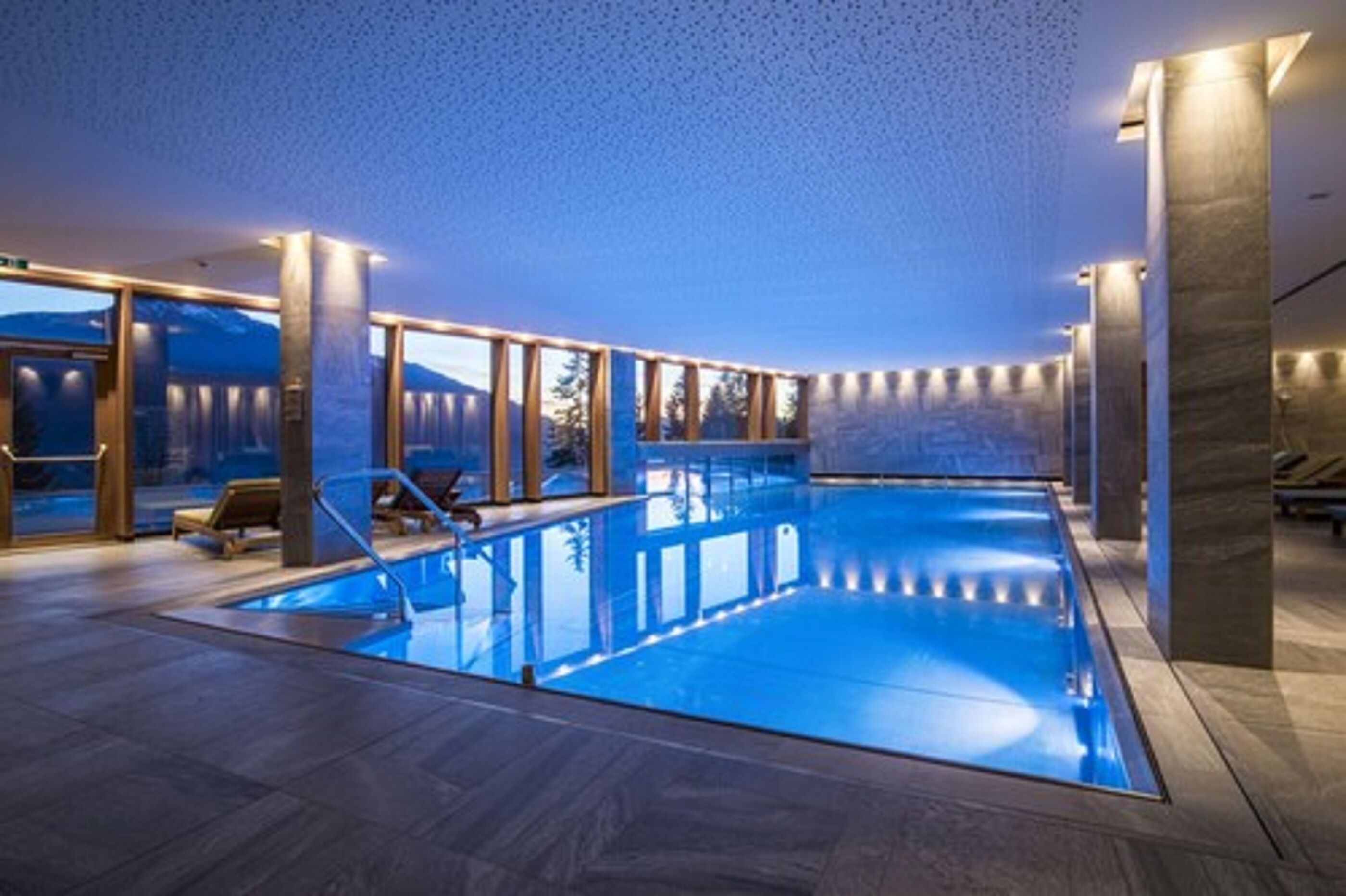 indoor pool, outdoor pool, pool loungers