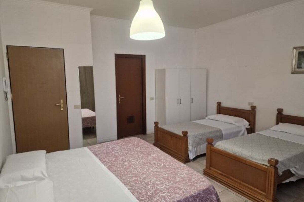 A bedroom with two wooden beds, a wardrobe, and a door.