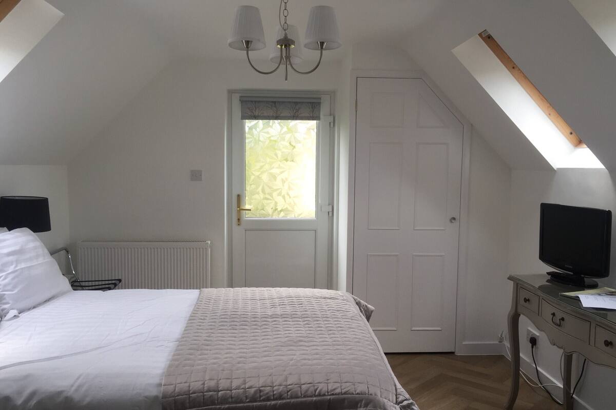 A bedroom with a bed, a desk with a computer, a radiator, a door, and a window with a view of trees.