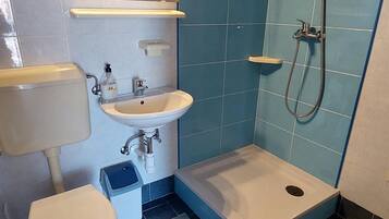 Un baño con inodoro, lavamanos y ducha.