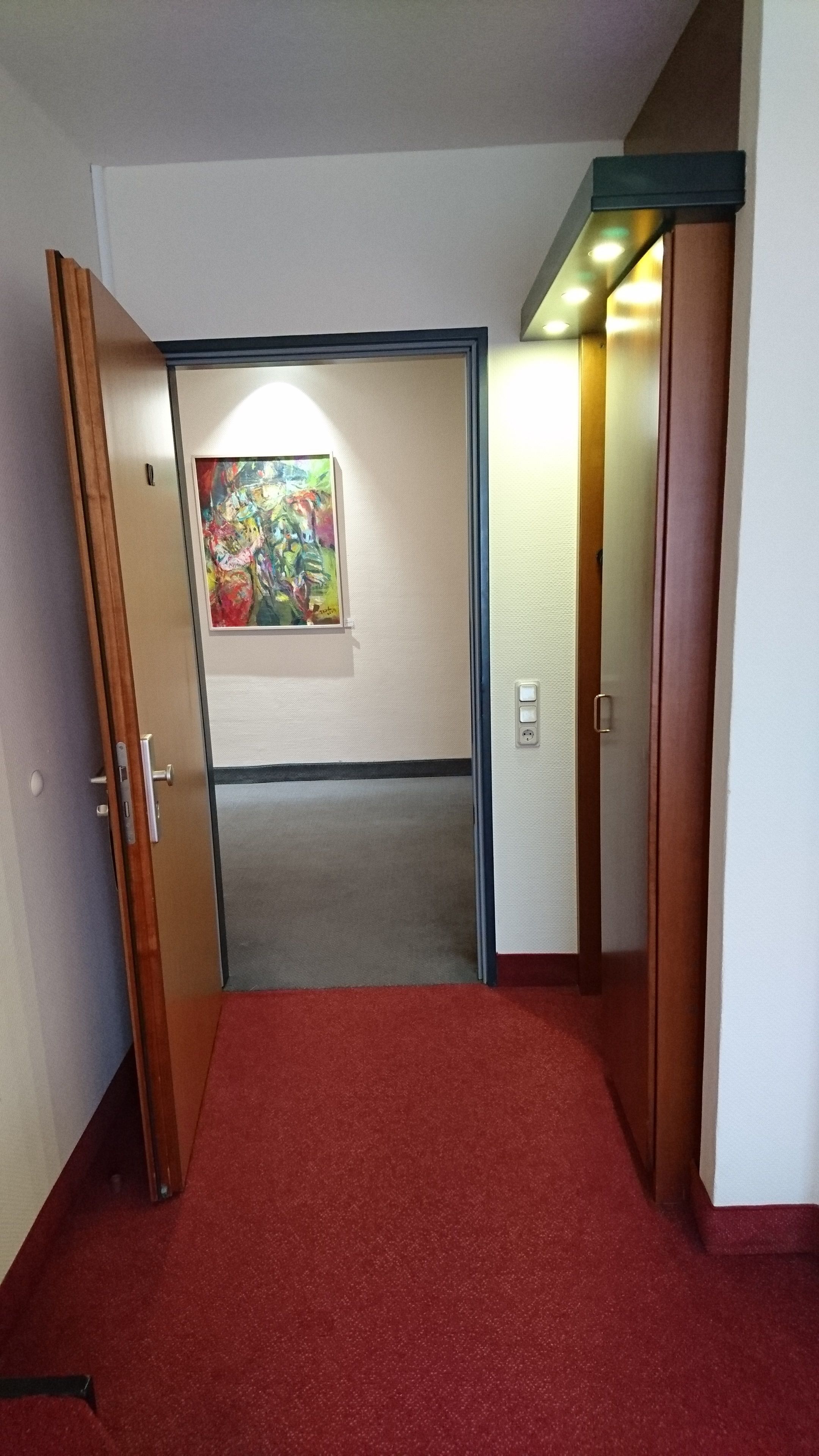 Un pasillo con alfombra roja, una puerta con un cuadro colorido y un accesorio de iluminación sobre la puerta.