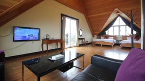 A spacious loft bedroom with a sloped ceiling, a television, a desk, and a large window. - Pulicity B&B (Puli)