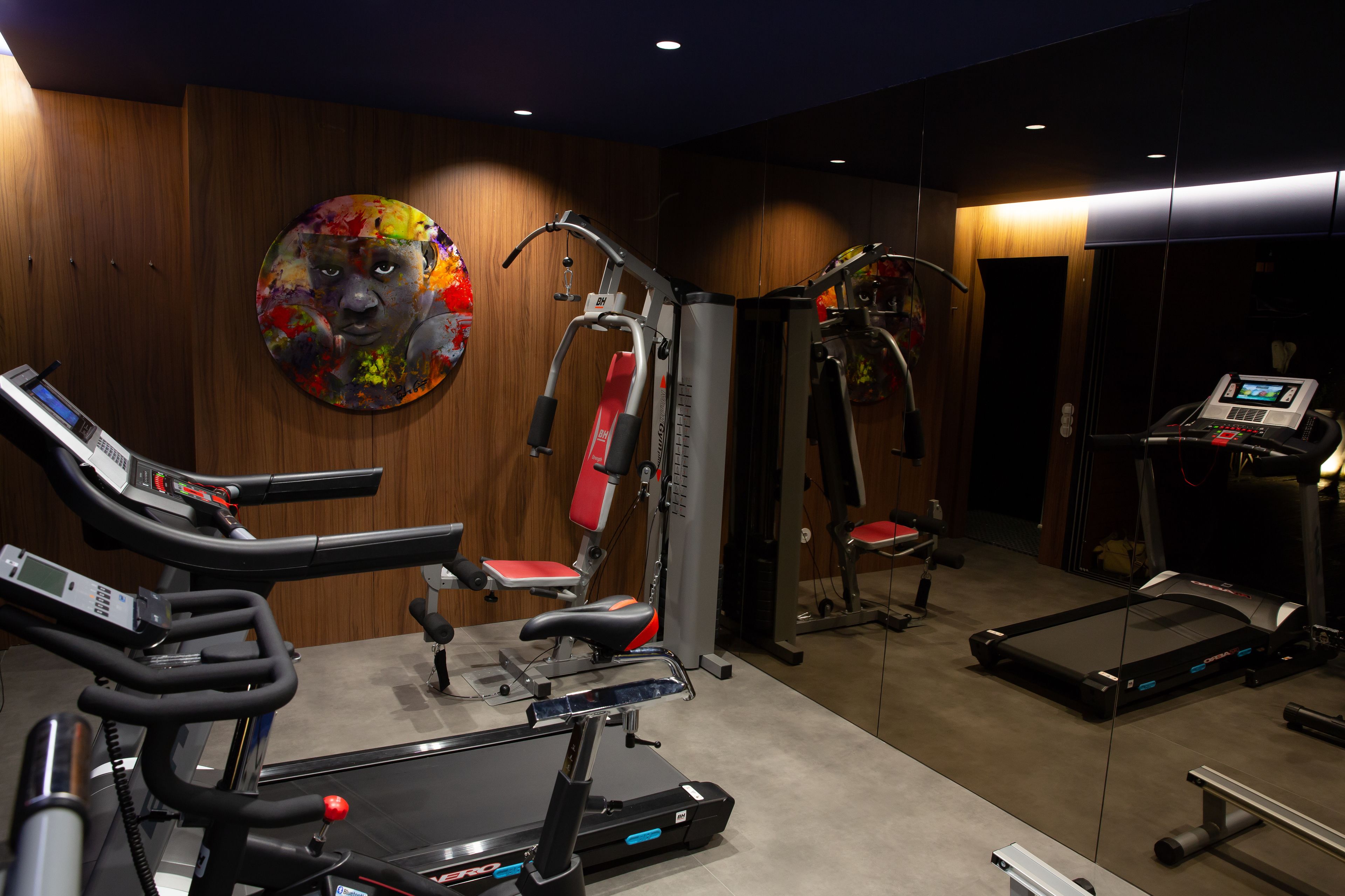 Een fitnessruimte met cardioapparatuur, krachttrainingsmachines en een vastgezet hometrainer.