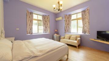 A bedroom with a bed, a sofa, a TV, and a ceiling light.