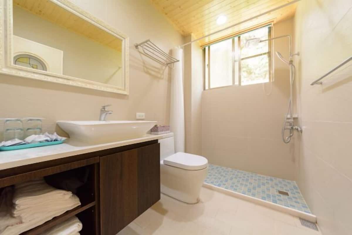 Douche, douche à « effet pluie », sèche-cheveux, chaussons