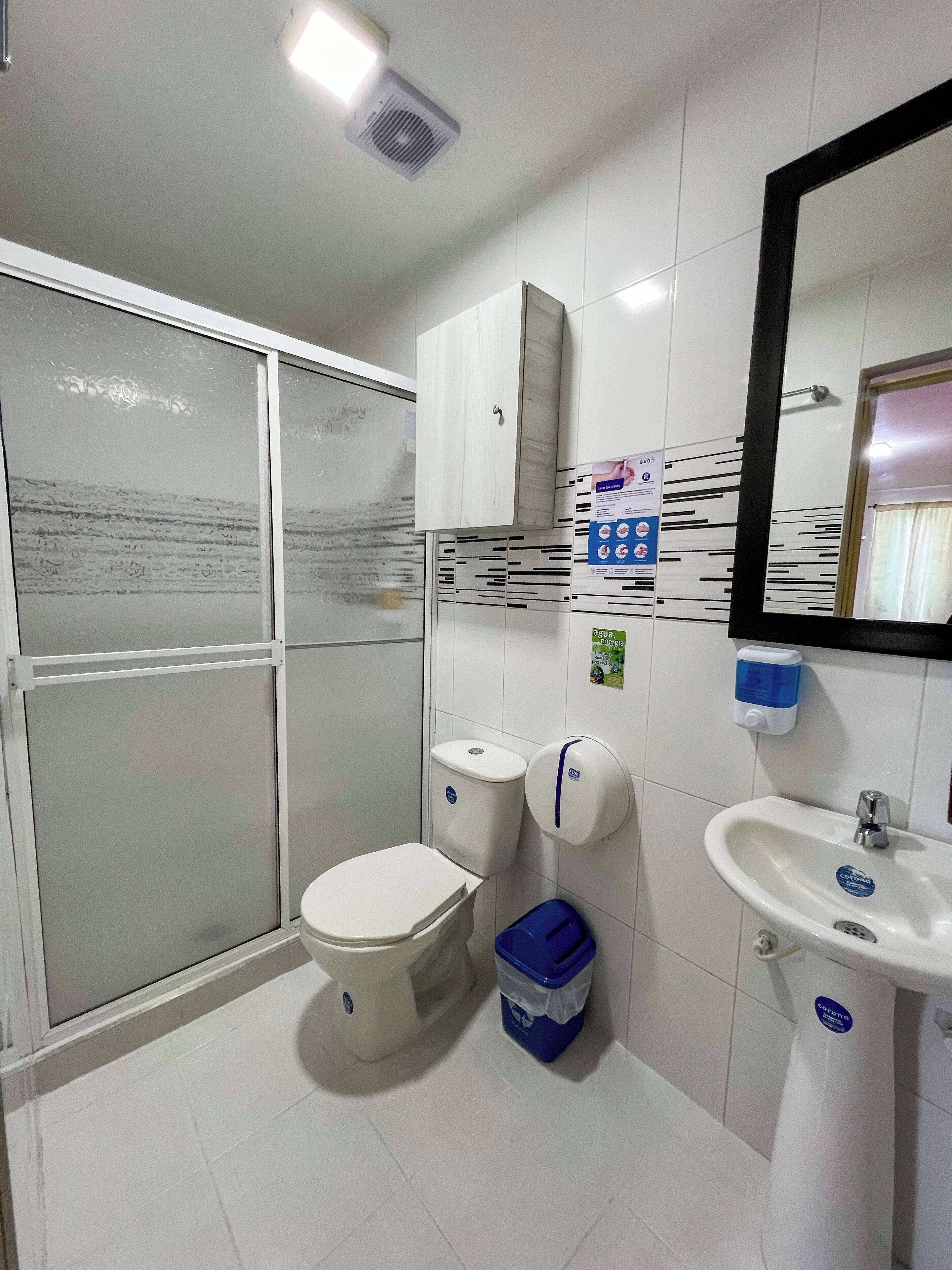 Shower, free toiletries, hair dryer, towels