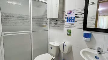 Shower, free toiletries, hair dryer, towels