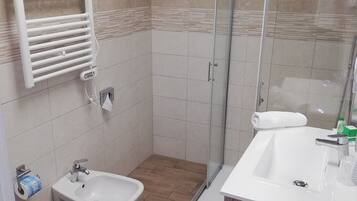 A modern bathroom with a shower, bidet, and a white sink.