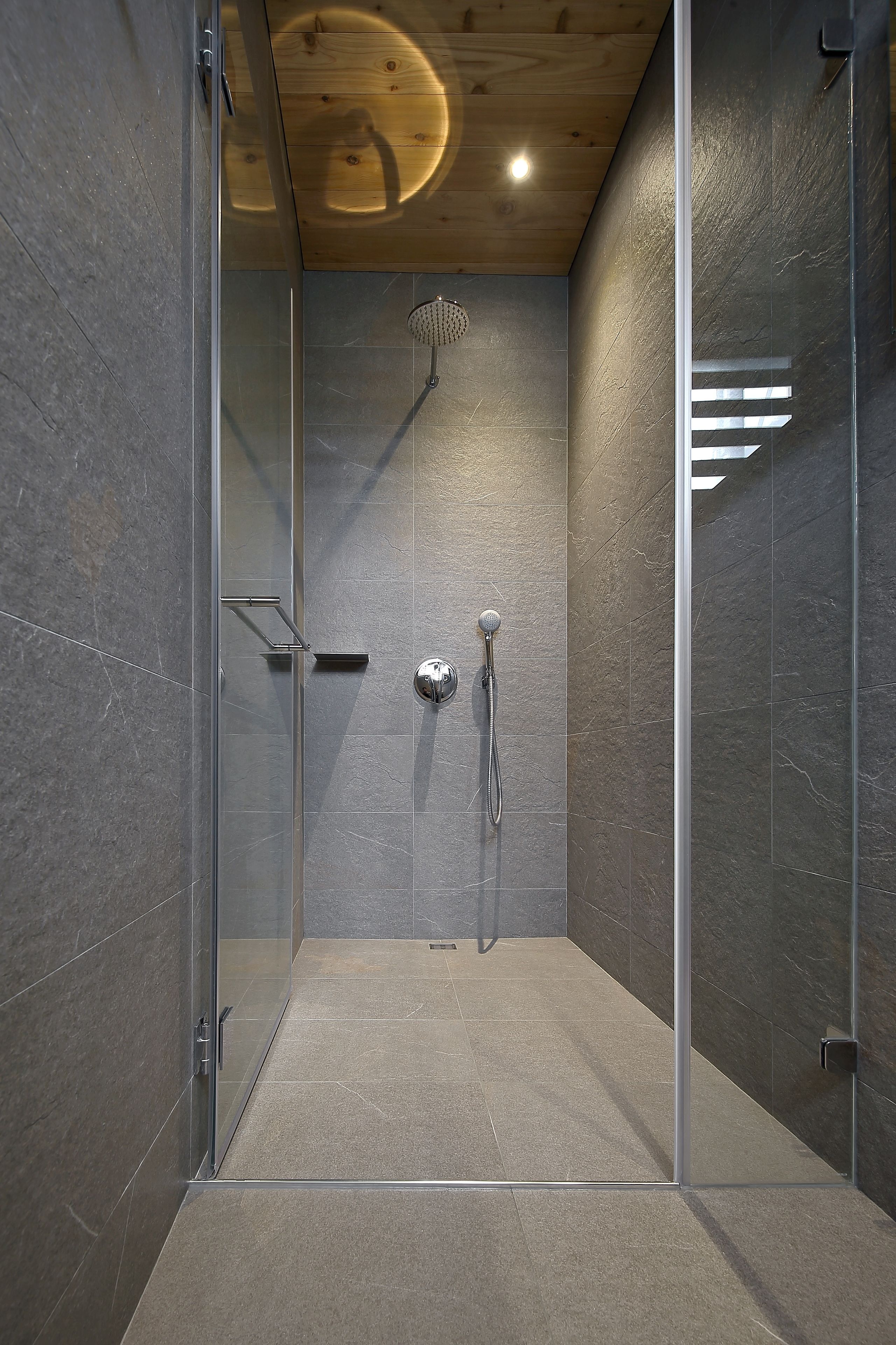 A modern shower room with a glass door, a showerhead, and a handheld shower.