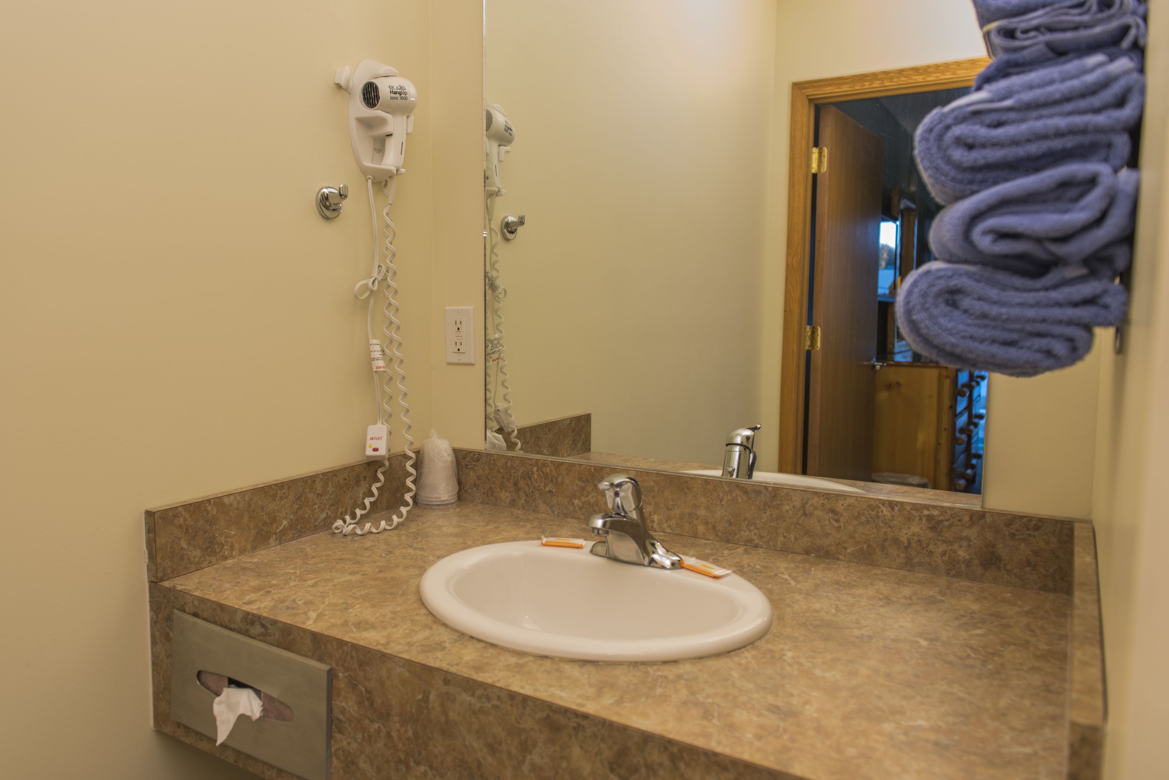 A bathroom with a sink, a hairdryer, and a towel rack.