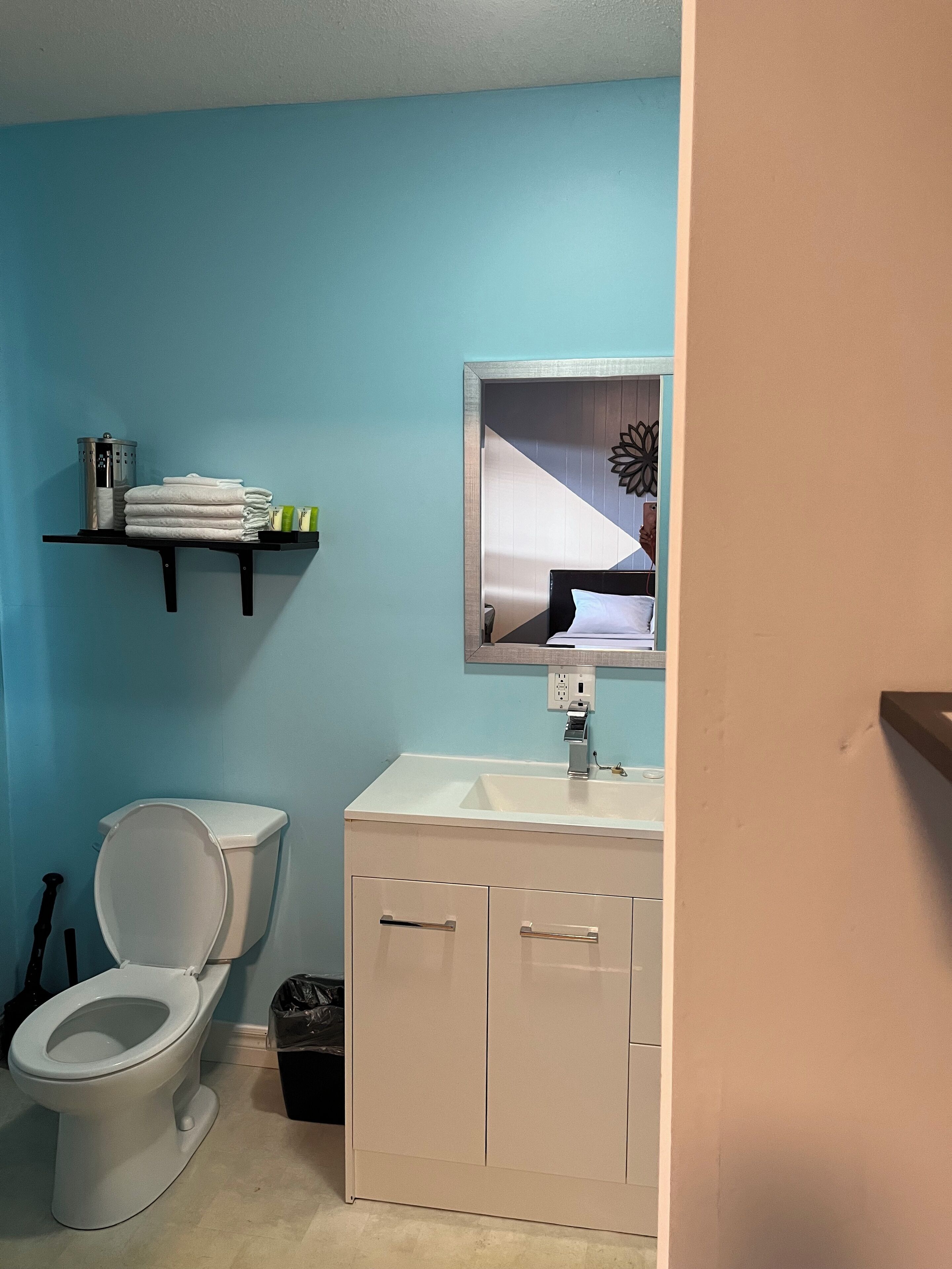 A bathroom with a toilet, sink, and mirror. There is a shelf with toiletries and a trash can.