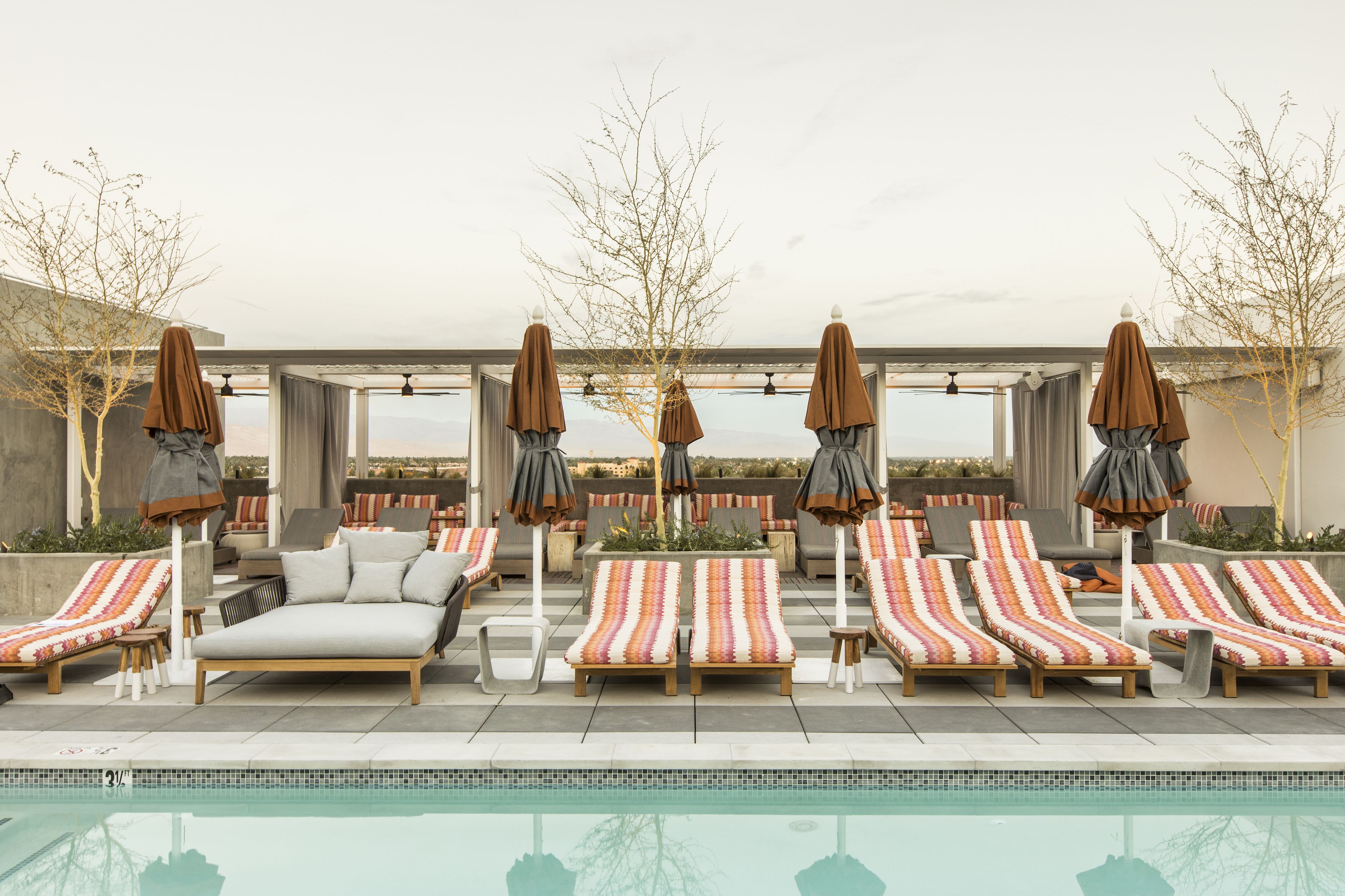 outdoor pool, pool loungers