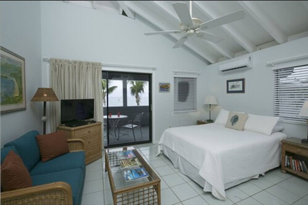 A bedroom with a bed, a TV, a sofa, a coffee table, and a balcony with a view.