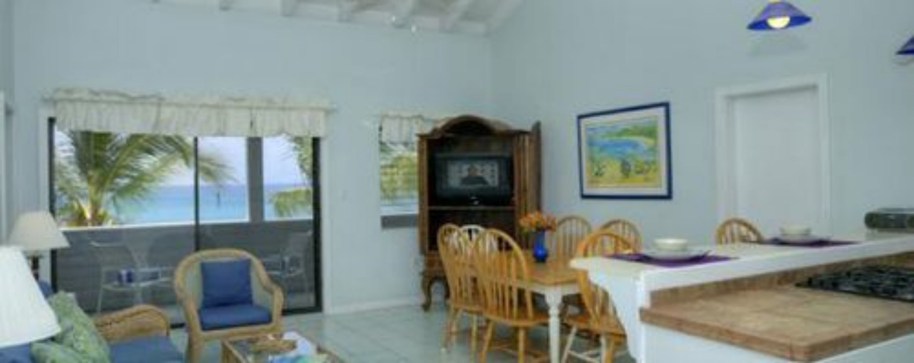 A dining area with a view of the sea, a television, and a framed picture on the wall.