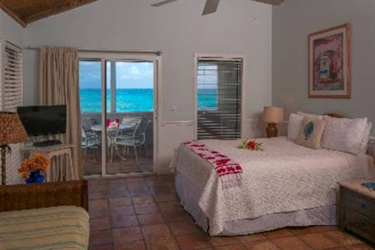 A bedroom with a bed, a TV, a desk, and a balcony with a view of the ocean.
