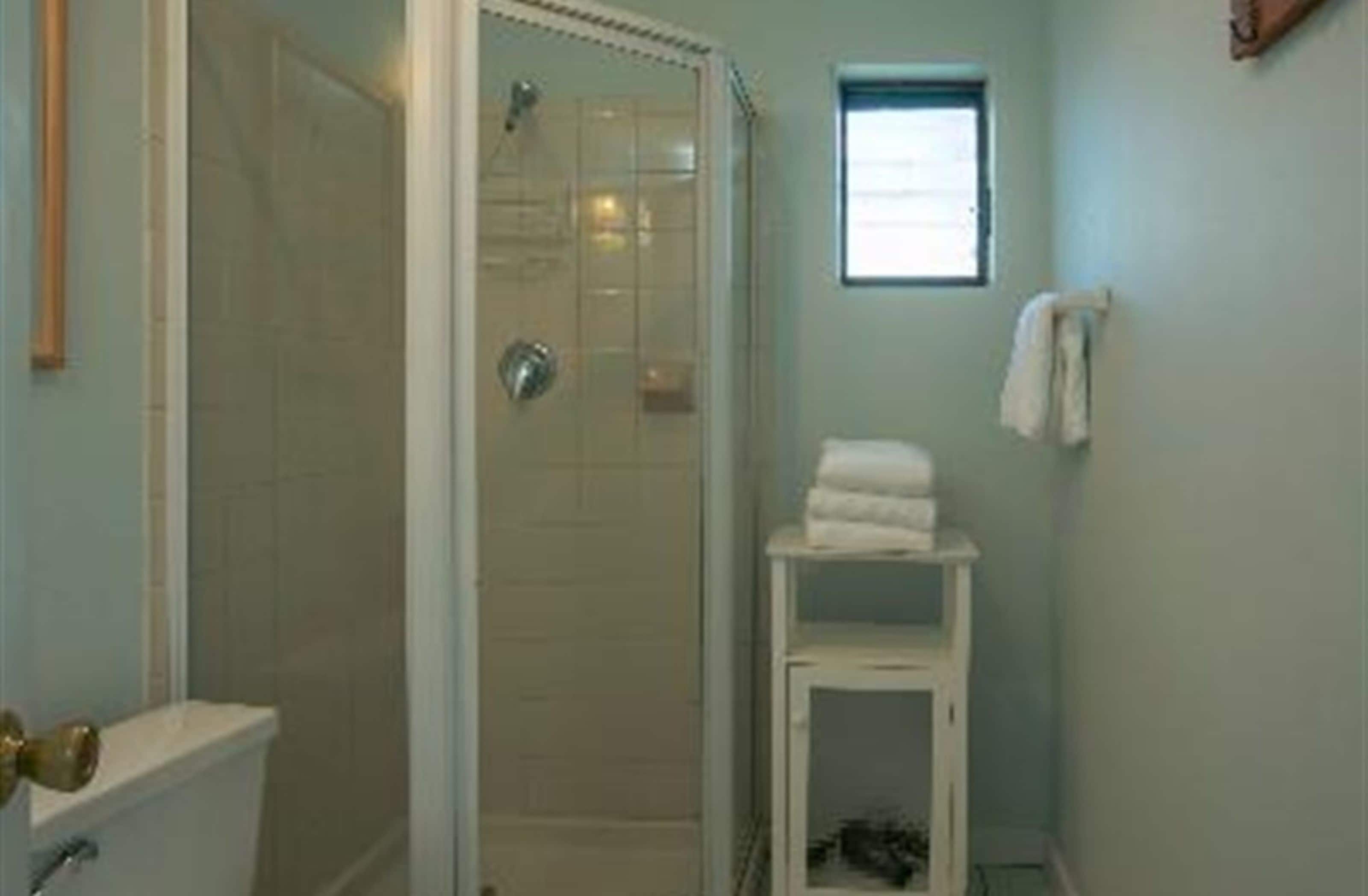 A bathroom with a shower, toilet, and a small window.