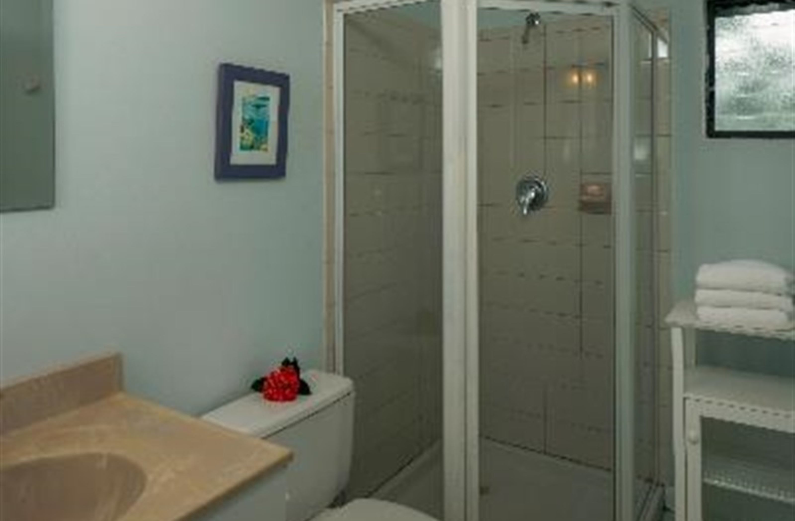 Ein Badezimmer mit Dusche, Toilette und Waschbecken.