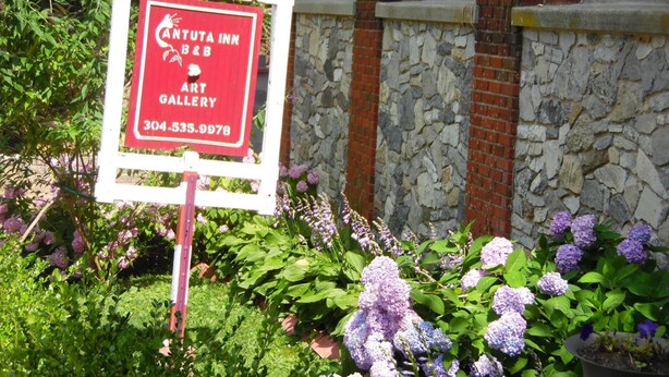 Une enseigne pour l’établissement Antuta Inn, qui propose à la fois un hébergement de type chambre d’hôtes et une galerie d’art, avec un mur de pierre et des fleurs violettes en arrière-plan.