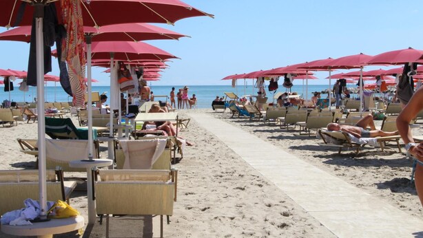 Una playa con filas de tumbonas y sombrillas, un paseo y gente relajándose.