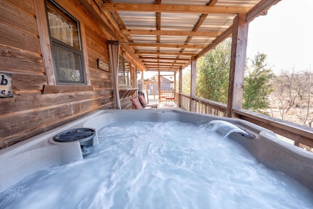 Panoramic Cabin, 1 King Bed, Hot Tub, Hill View | Terrace/patio. City on a Hill at Spring Creek