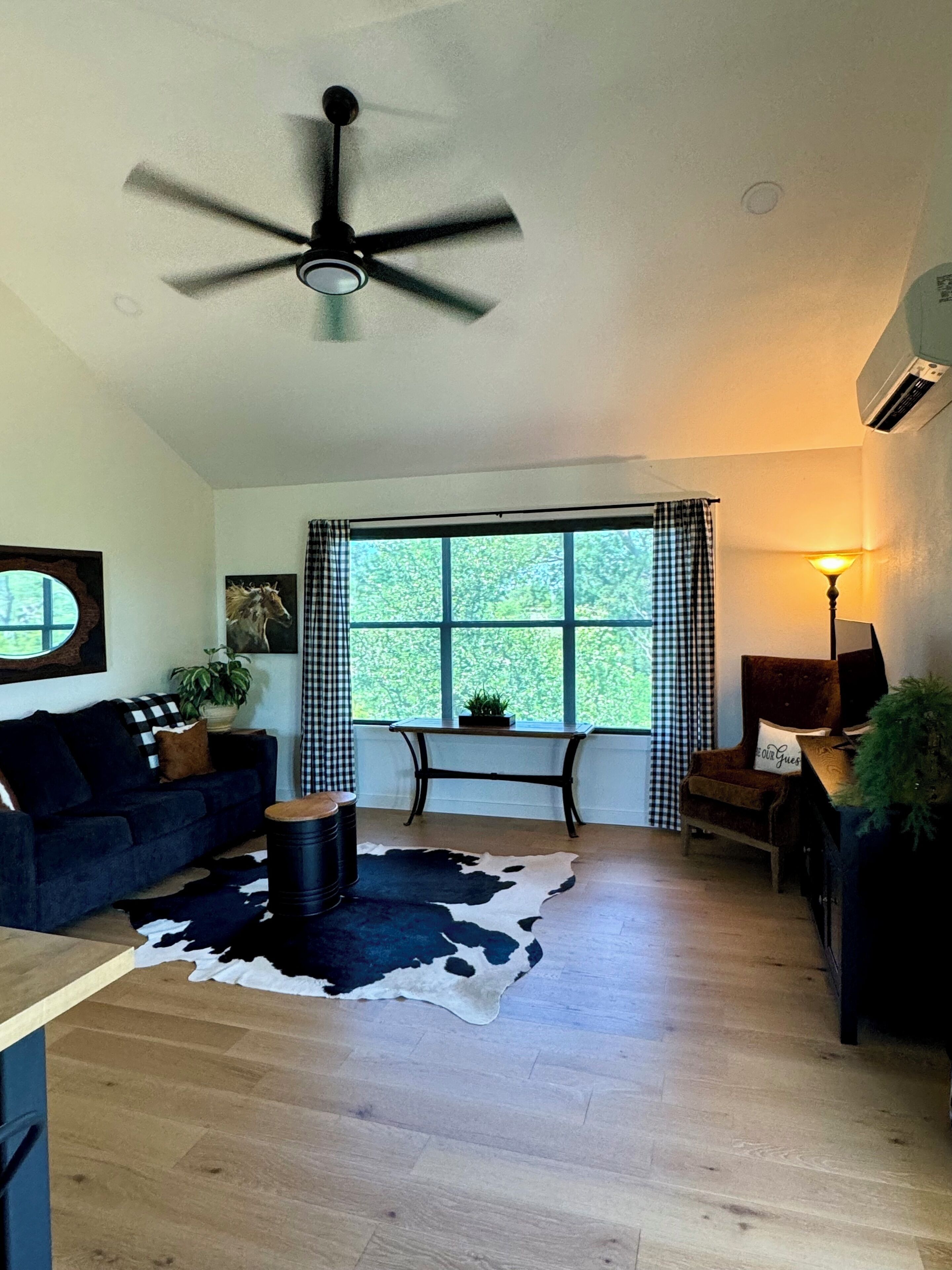 A living room with a ceiling fan, a large window with checkered curtains, a sofa, a coffee table, a lamp, and a cowhide rug.