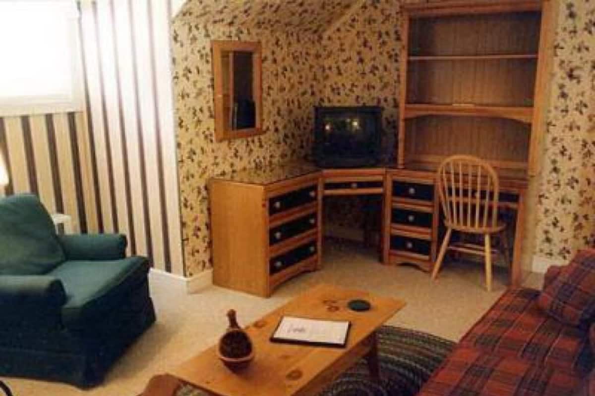 A living room with a green armchair, a wooden coffee table with a book and a vase, a plaid sofa, a wooden TV stand with a television, and a bookshelf.