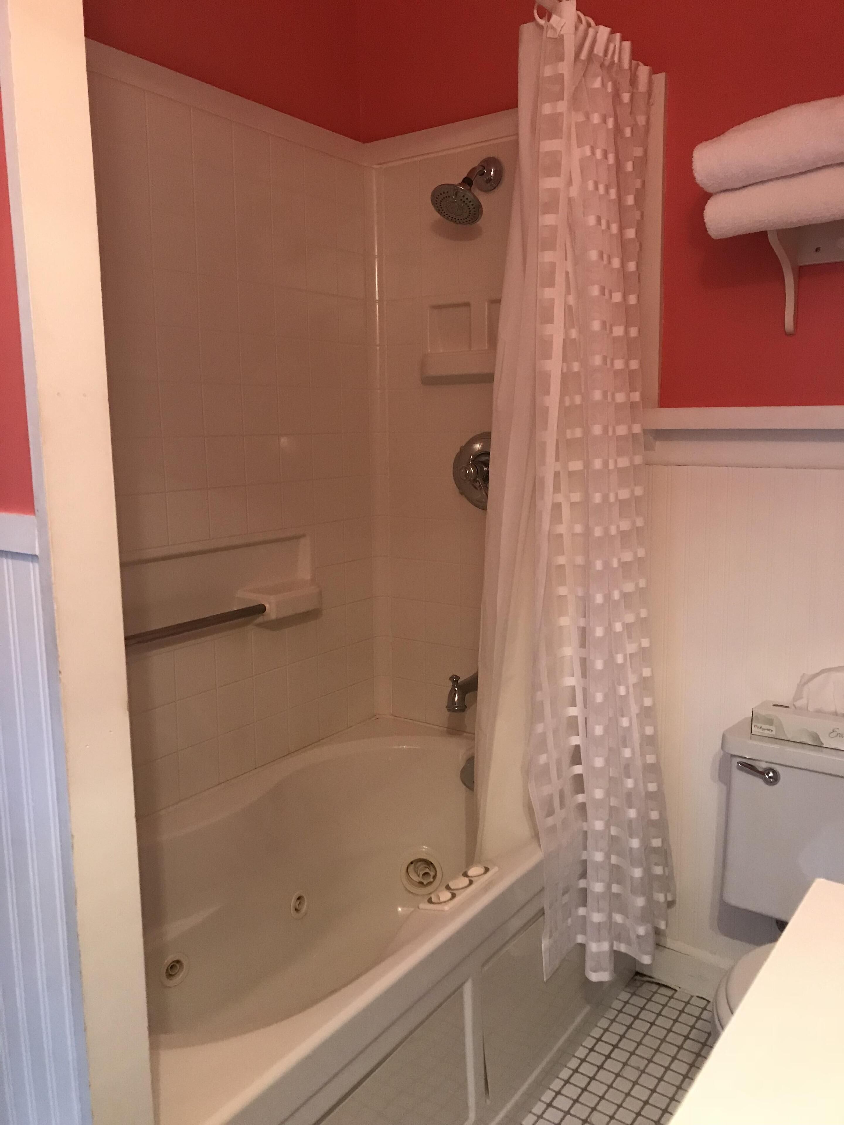 Un baño con una bañera blanca, ducha con cabezal de lluvia e inodoro.