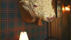 Een kamer met ruitjesbehang, een lamp op een tafel en een stoel.