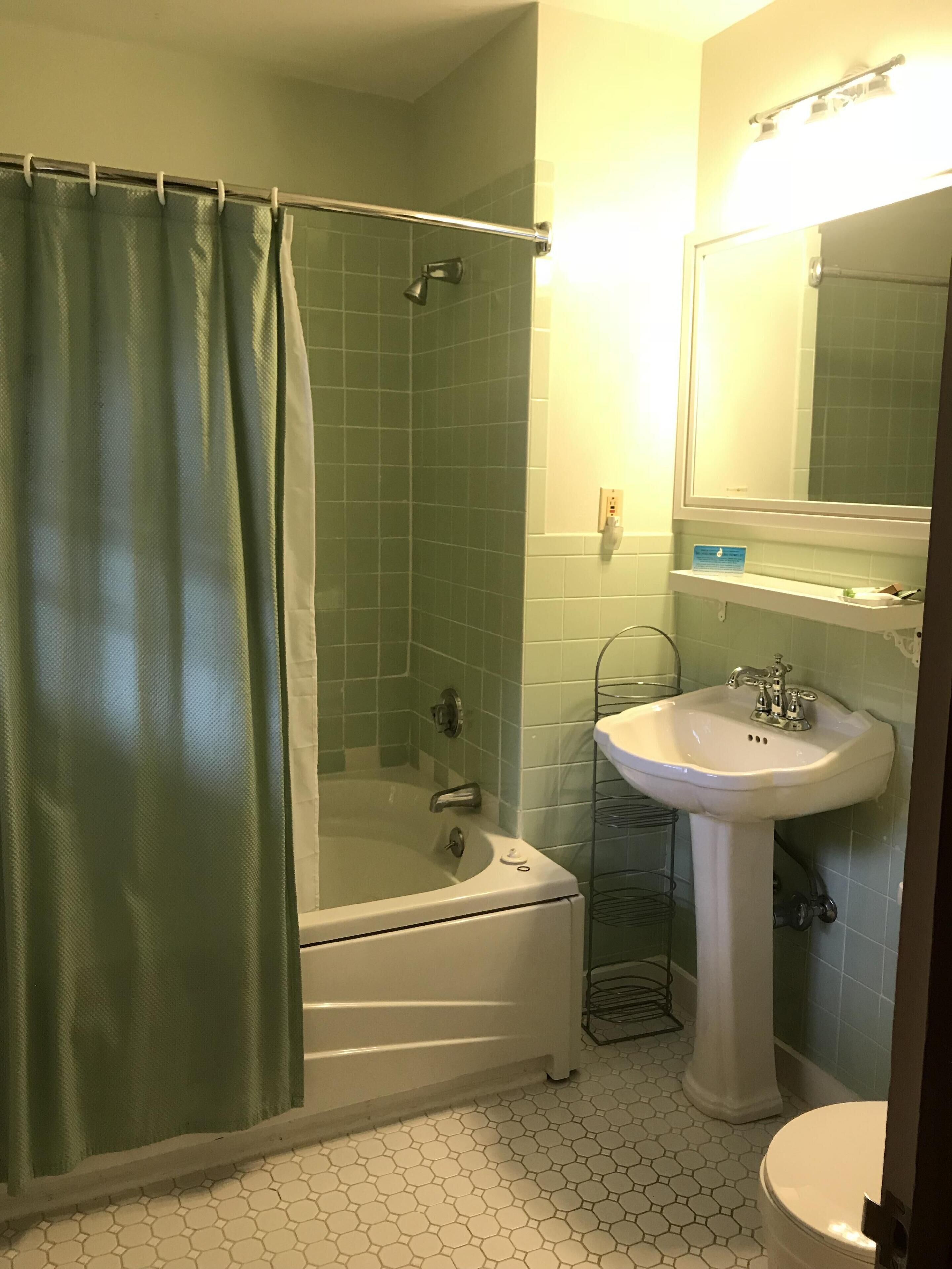 A bathroom with a shower, bathtub, sink, and toilet.