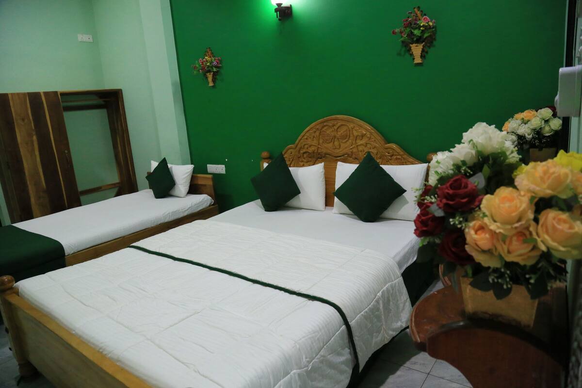 A hotel room with two single beds, green walls, and a wooden headboard.