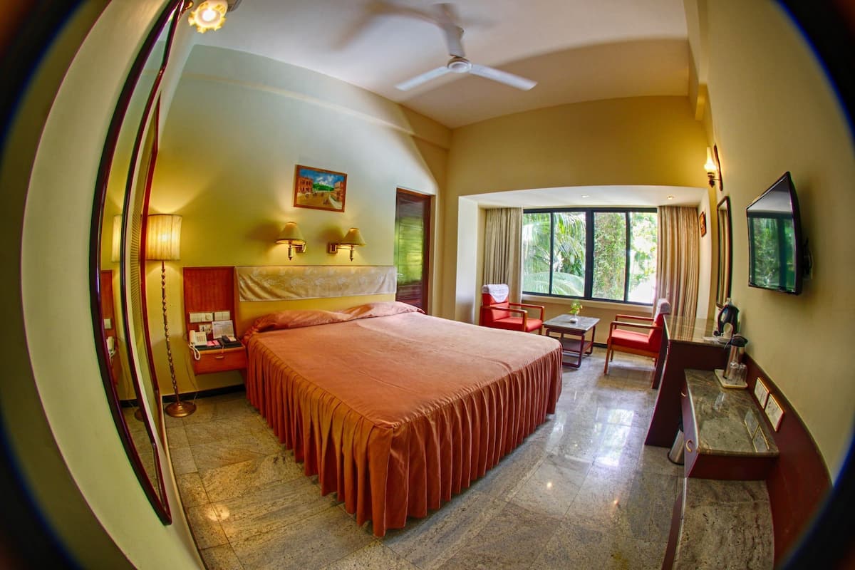 A hotel room with a bed, a desk, a chair, a TV, and a window with a view of greenery.