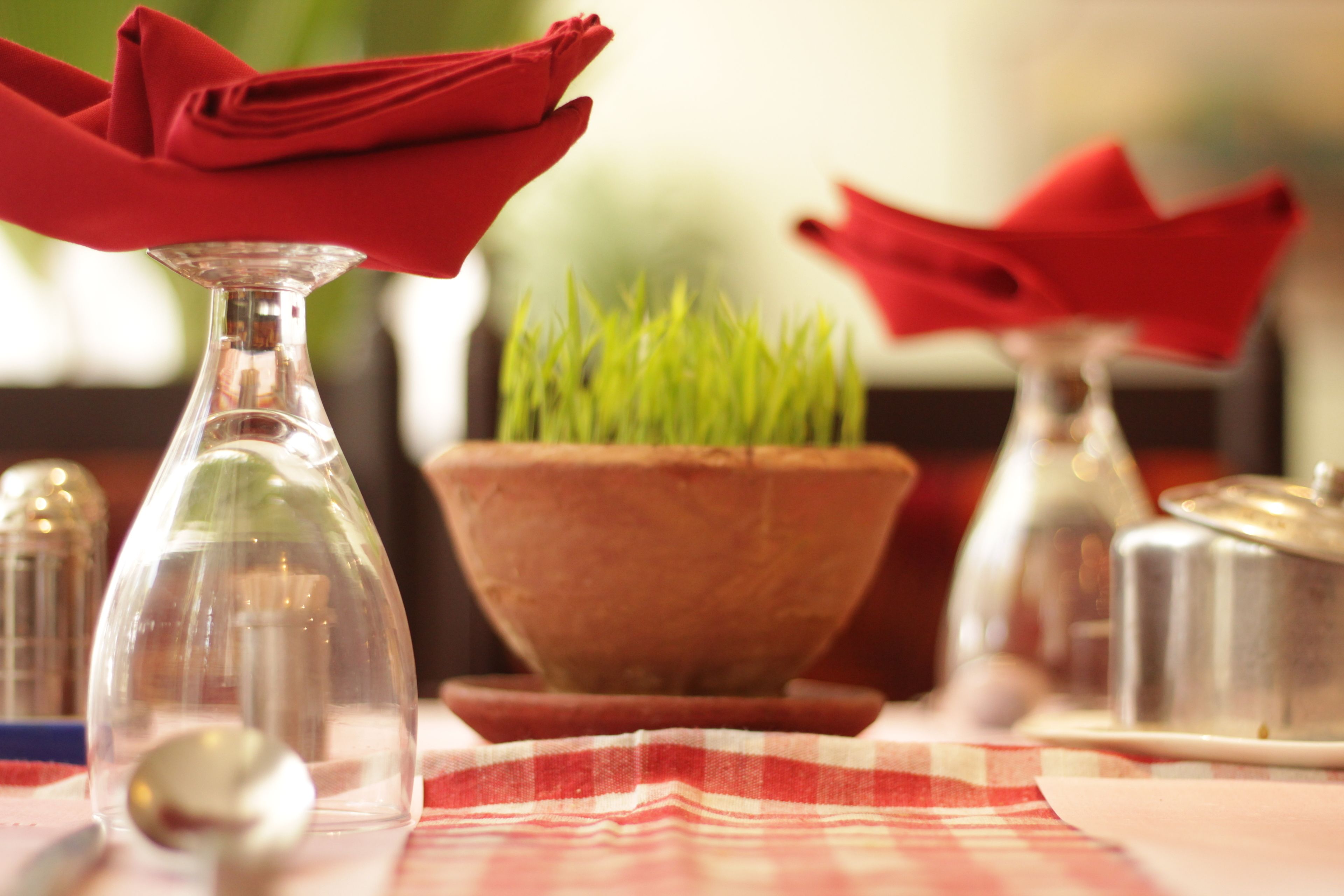 Uma mesa posta com um vaso de vidro transparente, uma tigela de madeira com plantas verdes e um guardanapo vermelho.