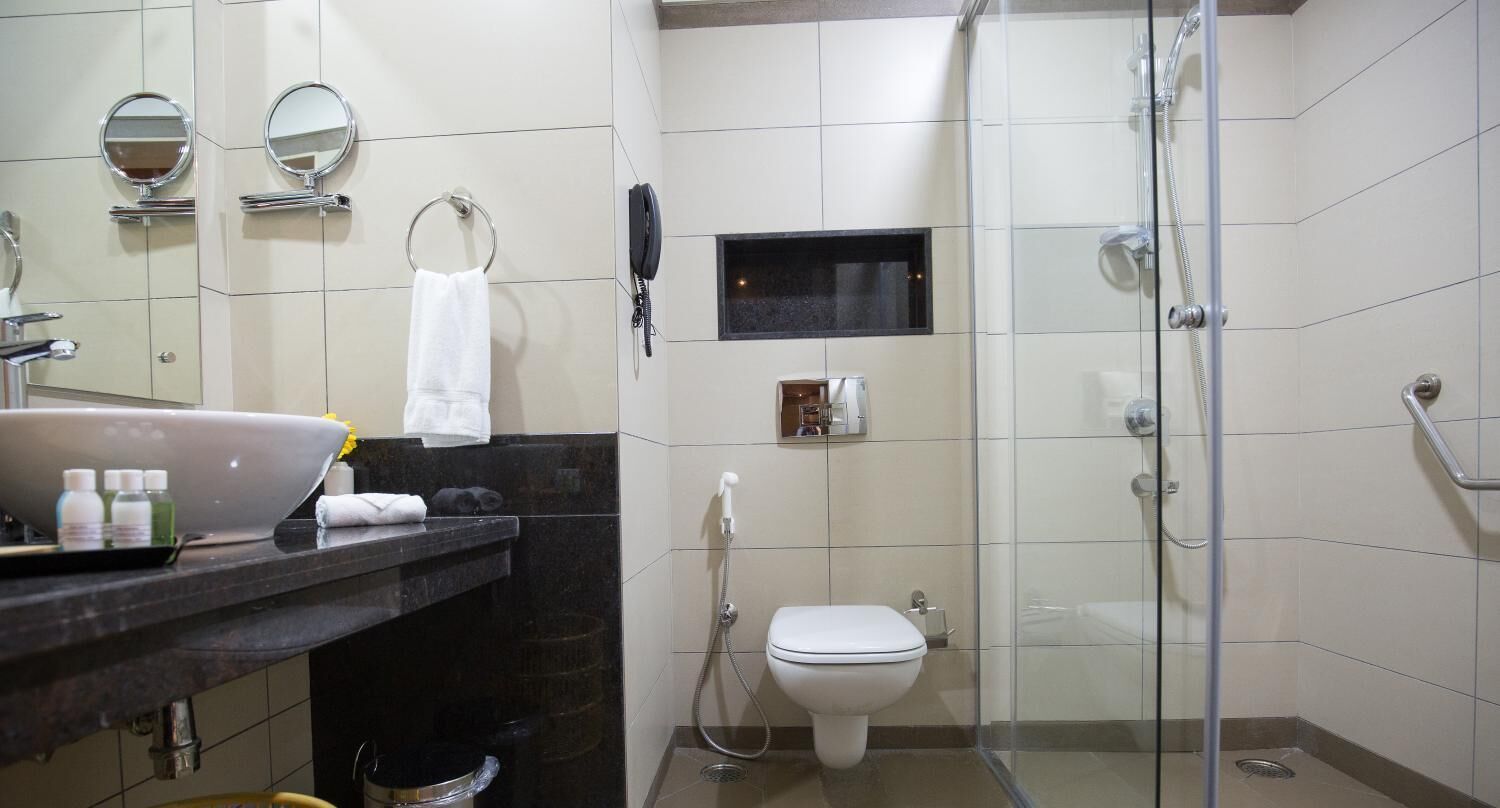 A modern bathroom with a glass-enclosed shower, a toilet, a sink with a large basin, and two wall-mounted mirrors.