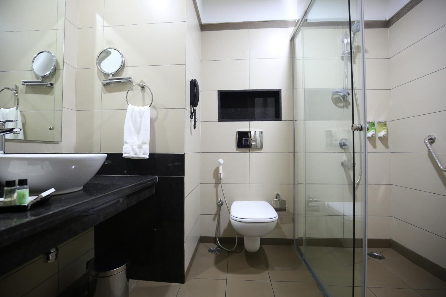 A modern bathroom with a glass-enclosed shower, a white toilet, a sink with a black countertop, and a mirror.