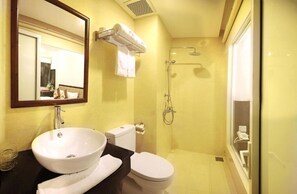 Shower, free toiletries, hair dryer, slippers
