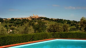 A swimming pool with a view of a historic city on a hill. - Agriturismo Il Segreto di Pietrafitta (San Gimignano)