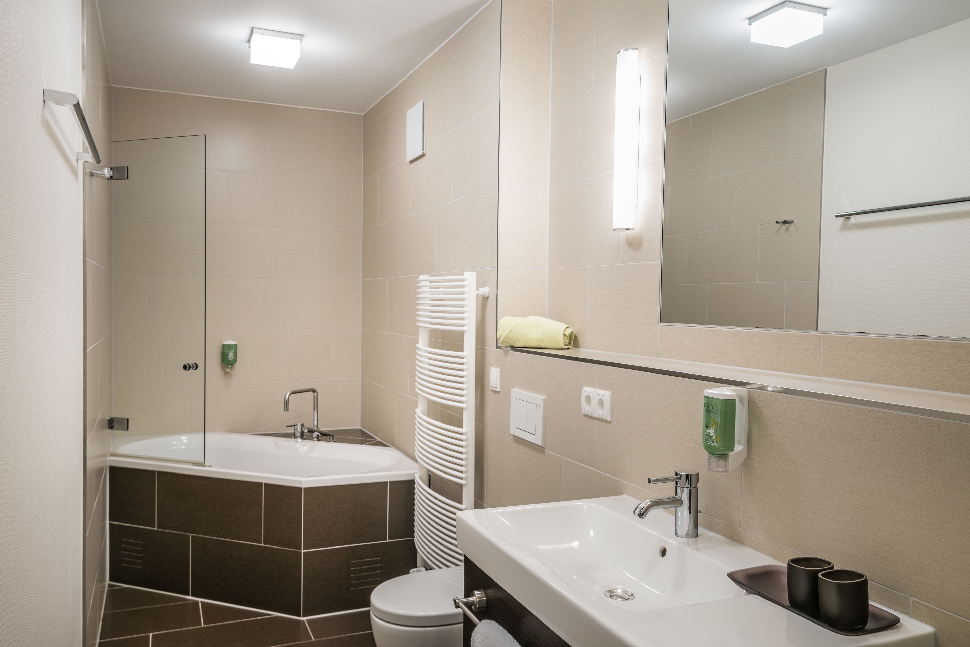 double room, annex building | bathroom | shower, hair dryer, slippers, towels