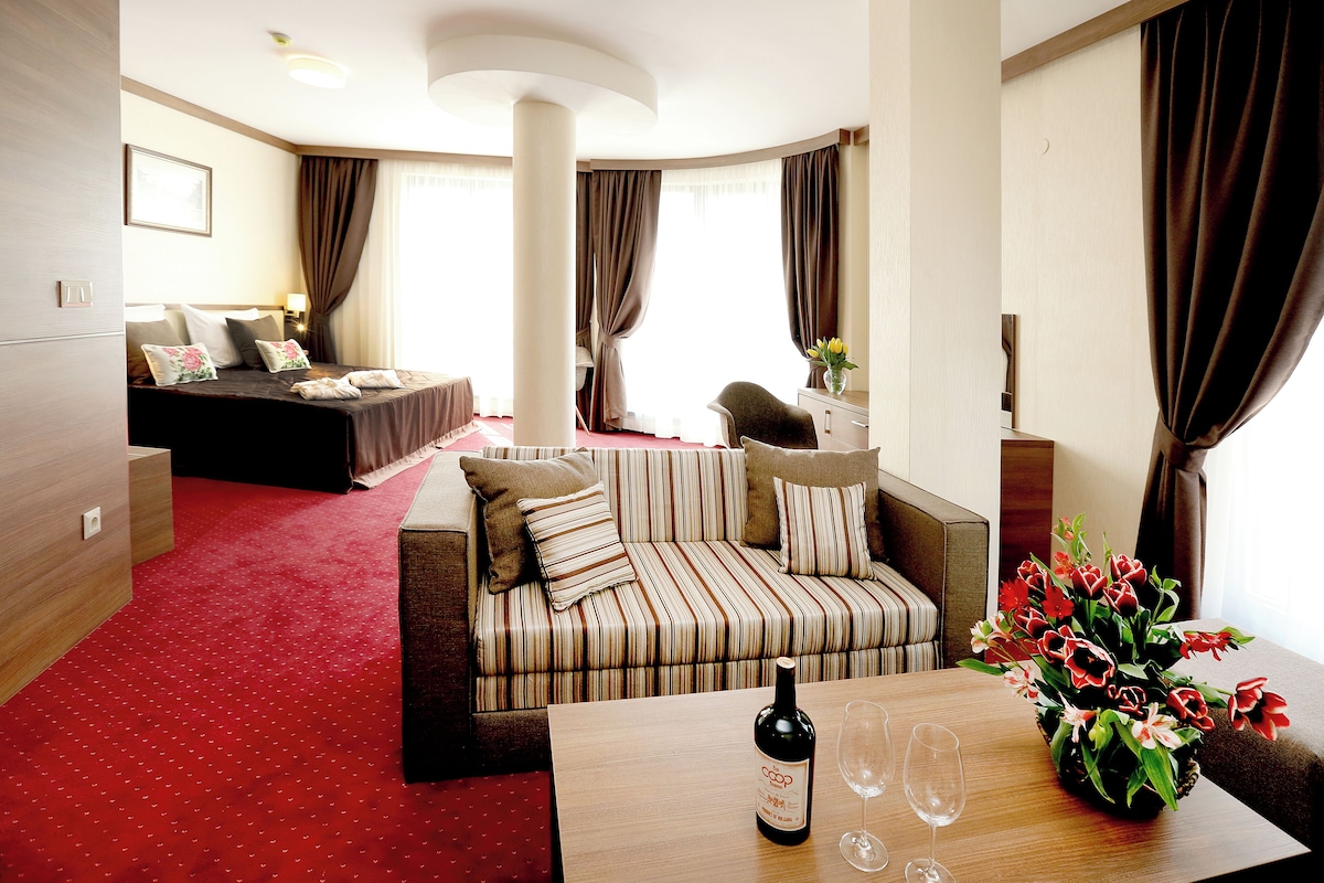 Habitación de hotel con un sofá a rayas, una mesa de madera con una botella de vino y copas, un jarrón con flores y una alfombra roja.
