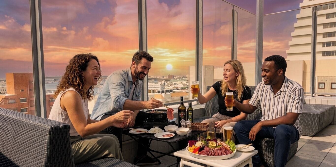 A group of people enjoying a meal and drinks on a rooftop terrace with a city view.