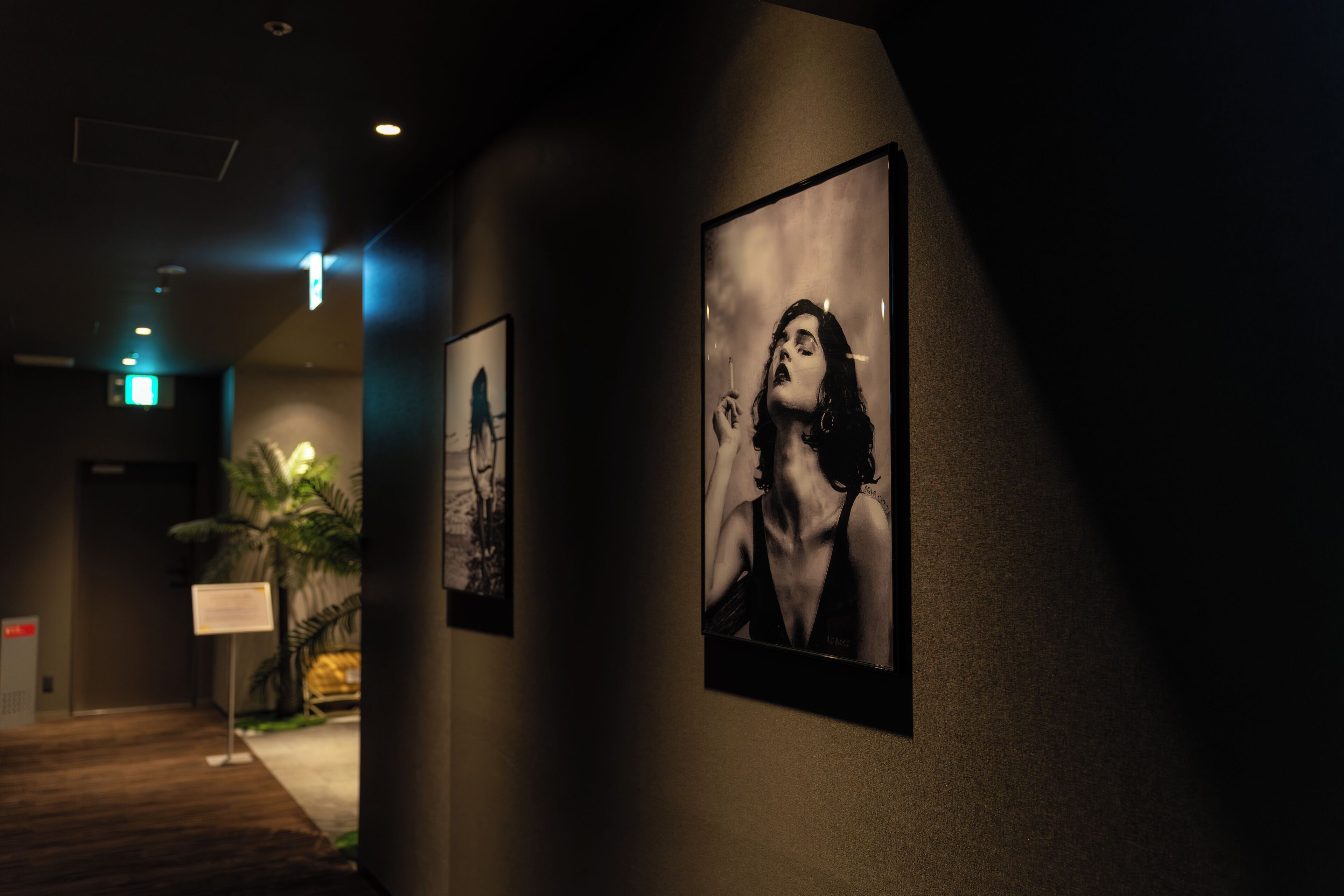 A hallway with framed artwork on the walls, a signboard, and a plant.
