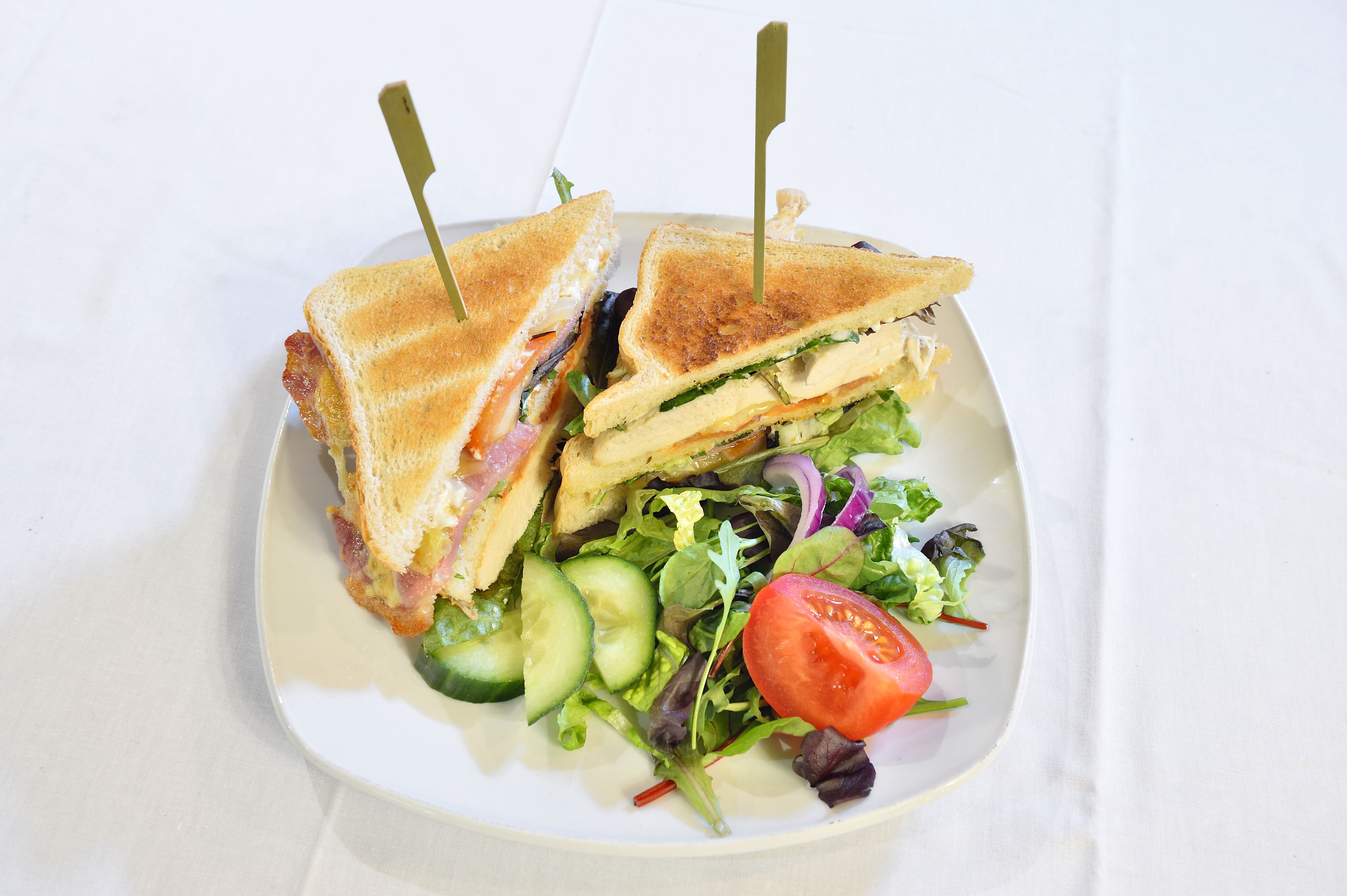 A sandwich cut in half with toothpicks, served on a white plate with a side salad.