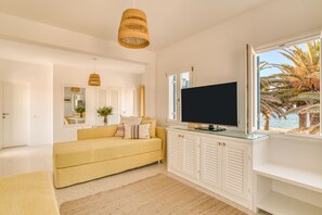 Apartment, 1 Bedroom, 1st floor Balcony & Sea View (Mykonos) | Living area | Plasma TV - Villa Bellonia (Paros)