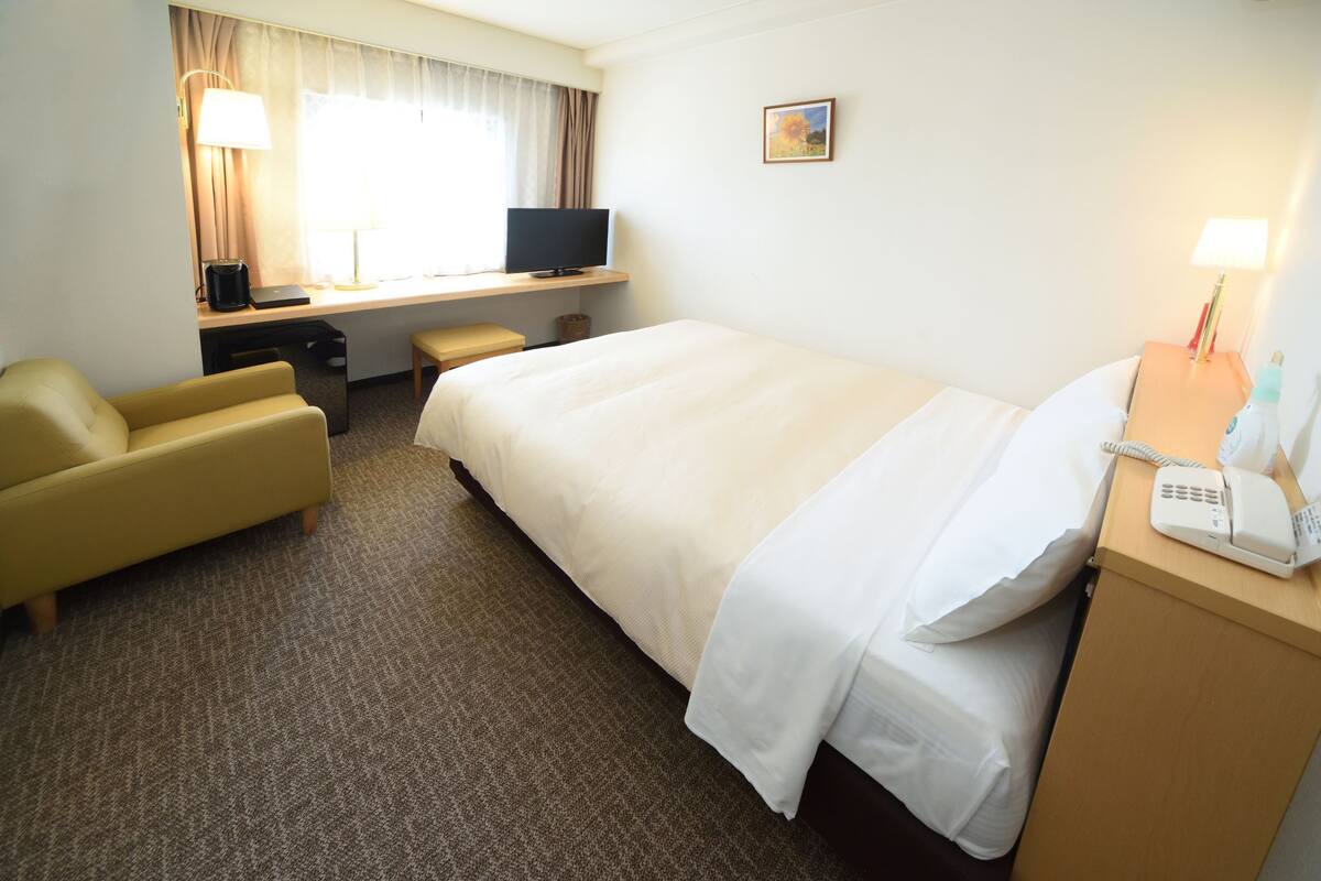 A hotel room with a bed, a desk with a television, a chair, a lamp, and a phone on the nightstand.